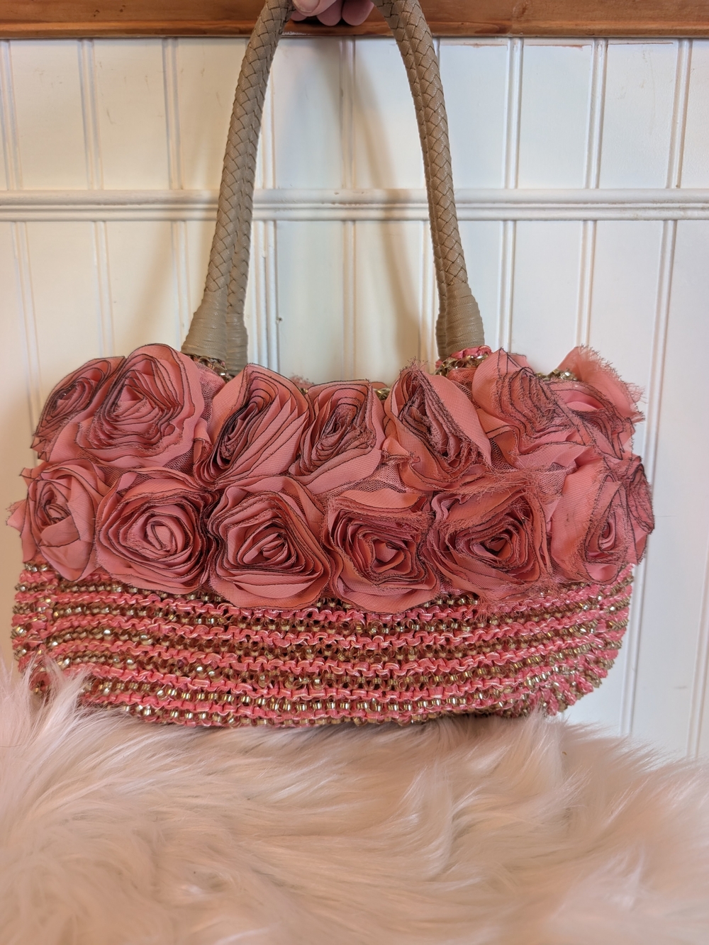 Sondra Roberts Pink Rosette Satchel with Beige Handles Vintage Knit